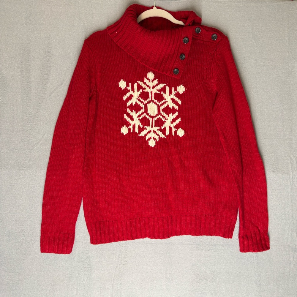 Talbots Red Cowl Neck Sweater with Snowflake Design Size Medium Petite